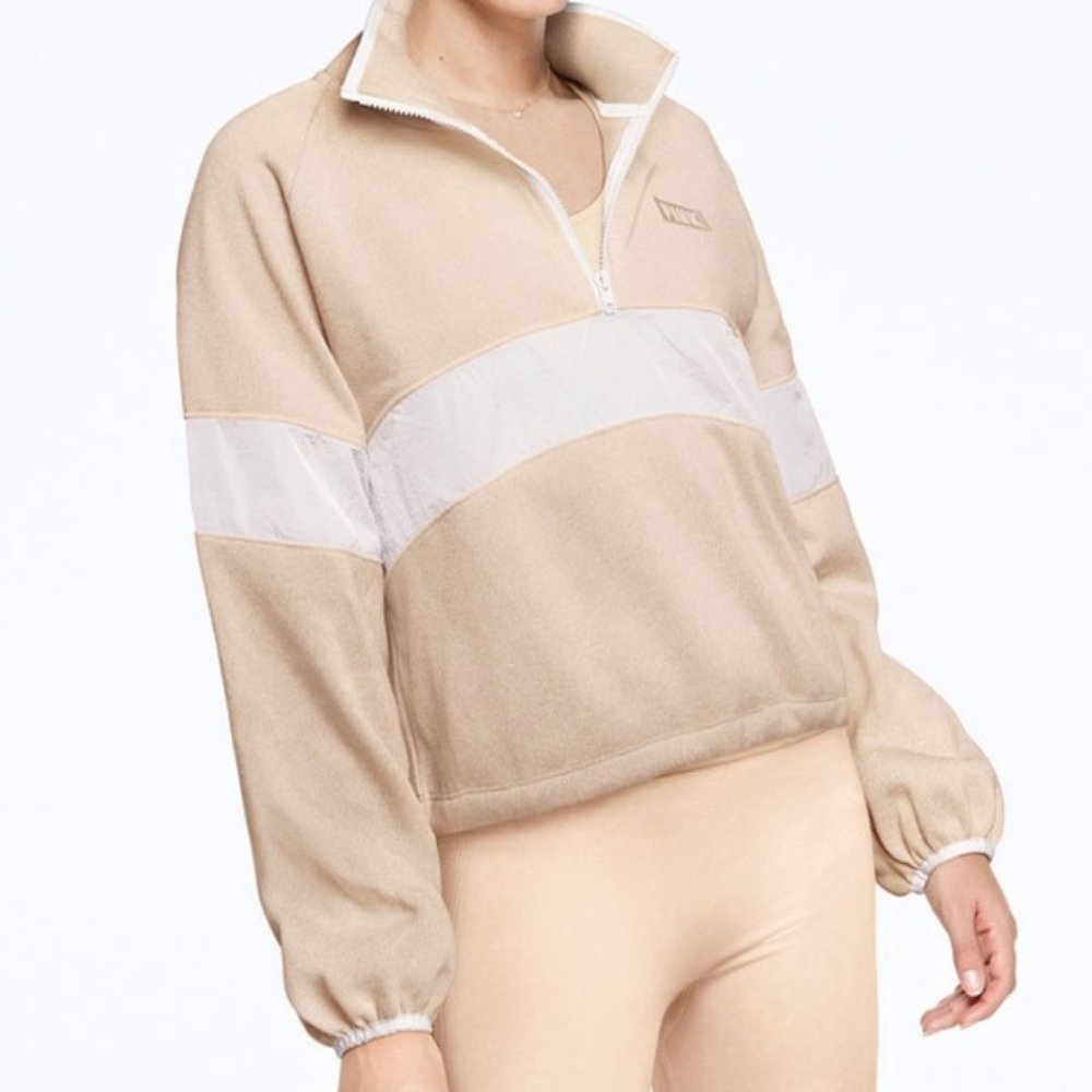 PINK Victoria's Secret Sweater Knit Cropped Half-Zip Sweatshirt Tan White Small